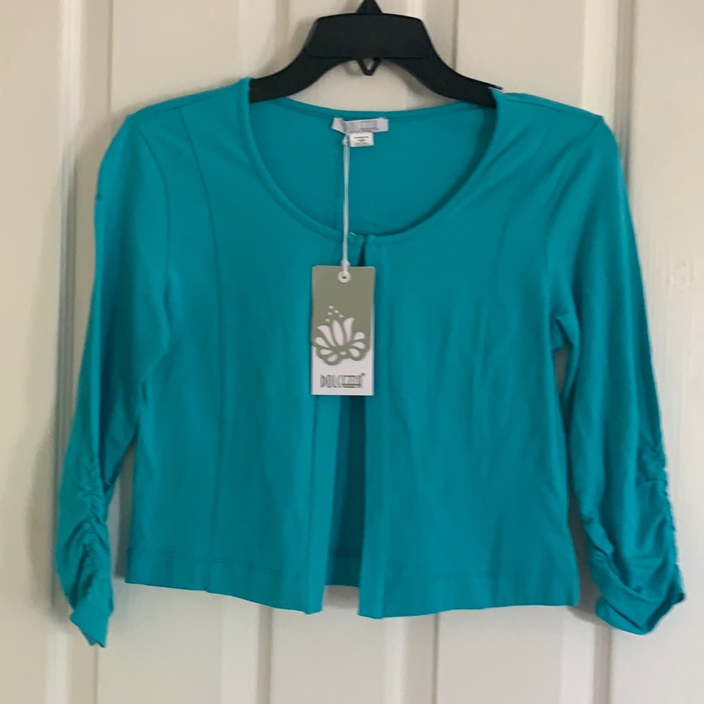 NWT DOLCEZZA Aqua Cropped Jersey Cardigan